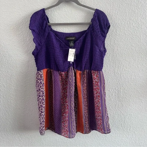 Lane Bryant Smocked Babydoll Top Purple Boho Patchwork | Size 14/16 | NWT - Picture 5 of 12